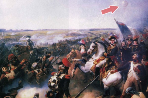 A painting by Jean Baptiste Mauzaisse depicts French and Austrian forces at the Battle of Fleurus with the balloon l'Entreprenant in the background.