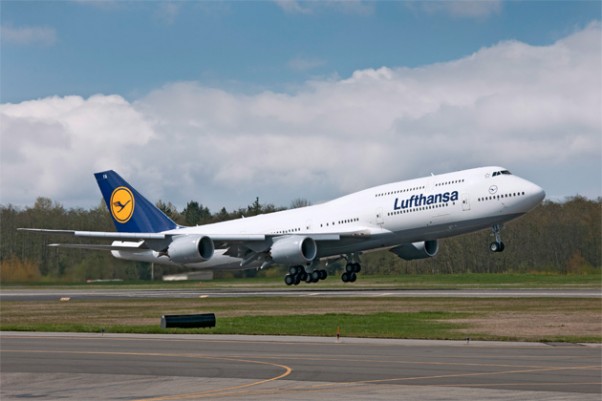 Lufthansa's first Boeing 747-8 Intercontinental (D-ABYA) takes off on a test flight. (Photo by Boeing)