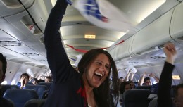 Passengers wave Rangers rally towels during their seven minute flight. (Photo by Matt Molnar)