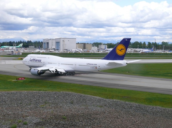 Lufthansa's first Boeing 747-8 Intercontinental taxis for departure to Frankfurt. (Photo by Chris Sloan/Airchive.com)