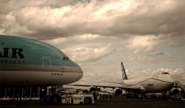 An Airbus A380 and Boeing 747-8 Freighter on display at the 2011 Paris Air Show. (Photo by Rohan Visvanathan, via Flickr, CC BY-NC-ND)