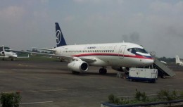In a photo posted on Sky Aviation's Facebook page, the Sukhoi Superjet-100 demonstrator sits at Halim Perdanakusuma Airport in Jakarta before takeoff Wednesday. Ten Sky employees were onboard.