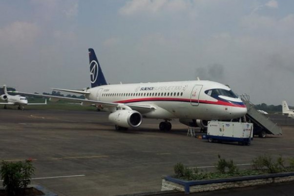 In a photo posted on Sky Aviation's Facebook page, the Sukhoi Superjet-100 demonstrator sits at Halim Perdanakusuma Airport in Jakarta before takeoff Wednesday. Ten Sky employees were onboard.