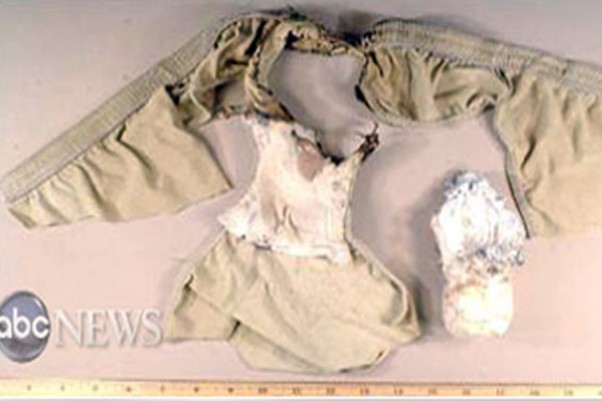 This underwear bomb failed to take down a Northwest Airlines Airbus A330, but did succeed in burning its owner's genitals. (Photo by FBI, via ABC News)