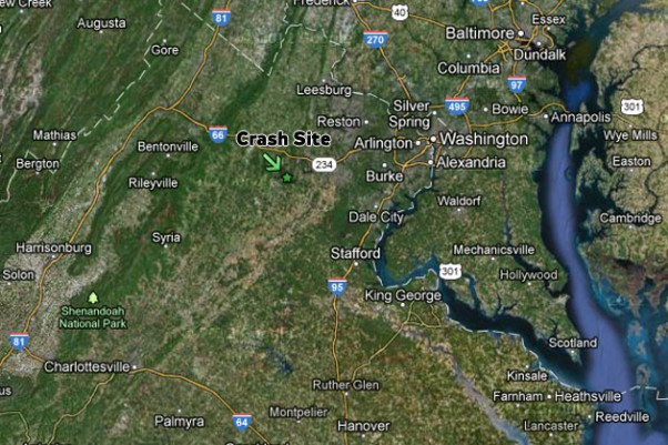 The Memorial Day crash occurred in the skies over Warrenton, VA., about 40 miles west of Washington, DC. (Map by NYCAviation/Google)