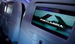 Portlandia plays on the RED entertainment system as we get airborne. (Photo by Jeremy Dwyer-Lindgren/NYCAviation)