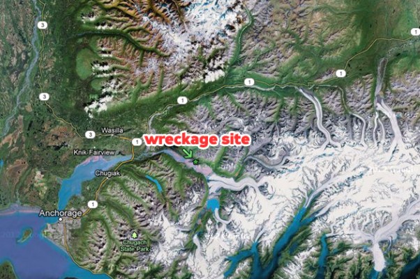 Wreckage of an unknown military aircraft was found on a glacier about 40 miles northeast of Anchorage. (Map by Matt Molnar/Google)