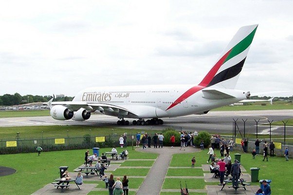 The incident aircraft, Emirates Airbus A380 A6-ADD, is seen taxiing at Manchester, England. (Photo by MCPCShowcaseHD)