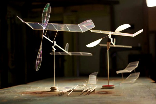 Constructed from very light balsawood sheet and strip, boron filament, carbon fiber and a transparent covering of plastic film, these rubberband-powered planes can fly for up to 40 minutes at a time.