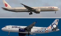 An Air China Boeing 777-300ER arrives at LAX (top, by Brian Gershey) and a JetBlue Airbus A320 takes off from JFK (bottom, by Eric Dunetz).