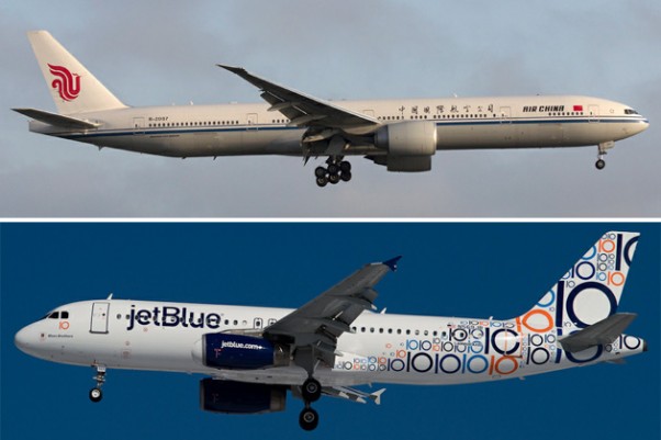 An Air China Boeing 777-300ER arrives at LAX (top, by Brian Gershey) and a JetBlue Airbus A320 takes off from JFK (bottom, by Eric Dunetz).