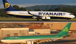 Ryanair's Boeing 737s could soon share a hangar with Aer Lingus's Airbus A330s. (Photos by Gordon Gebert [top] and Mark Hsiung [bottom])