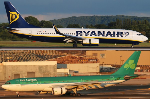 Ryanair's Boeing 737s could soon share a hangar with Aer Lingus's Airbus A330s. (Photos by Gordon Gebert [top] and Mark Hsiung [bottom])