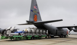 Modular Airborne FireFighting System (MAFFS) being loaded onto an Air Force C-130 Hercules. (Photo by US Air Force)