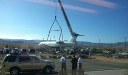 SkyWest Delta Connection CRJ being lifted out of a ditch by crane at St. George Airport in Utah. (Photo by KSL)