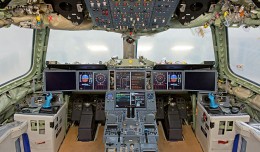First electrical power-on of A350 XWB MSN1 flight-deck, with its six large interchangeable displays. (Photo by Airbus/P. Pigeyre)