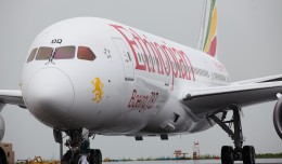 The first Ethiopian 787 Dreamliner is pulled into its parking spot prior to a VIP flight to Mt Kilimanjaro. Note the plane's new titles. (Photo by Jeremy Dwyer-Lindgren)