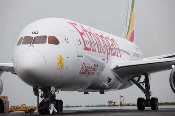 The first Ethiopian 787 Dreamliner is pulled into its parking spot prior to a VIP flight to Mt Kilimanjaro. Note the plane's new titles. (Photo by Jeremy Dwyer-Lindgren)