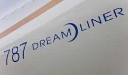 Closeup of the 787 Dreamliner badge on United's first copy. (Photo by Dan King/NYCAviation)