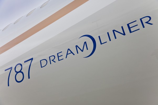 Closeup of the 787 Dreamliner badge on United's first copy. (Photo by Dan King/NYCAviation)