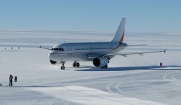 The Australian Antarctic Division Airbus A319 (VH-VHD) on the ice near McMurdo Station, Antarctica. (Photo by Nisha Harris/Australian Antarctic Division)