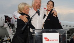Virgin Group founder Sir Richard Branson celebrates at the launch of PSP service last winter. (Photo by Virgin America)