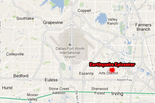 The epicenter was located in Irving, Texas, about 3.4 miles southeast of DFW. (Map by NYCAviation/Google Maps)