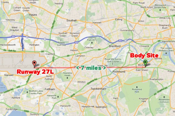 The stowaway's body landed about 7 miles east of Heathrow's Runway 27L. (Map by NYCAviation/Google Maps)