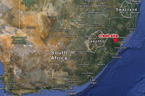 The Beechcraft hit a mountain about 40 miles northwest of Durban, South Africa. (Map by NYCAviation/Google Maps)