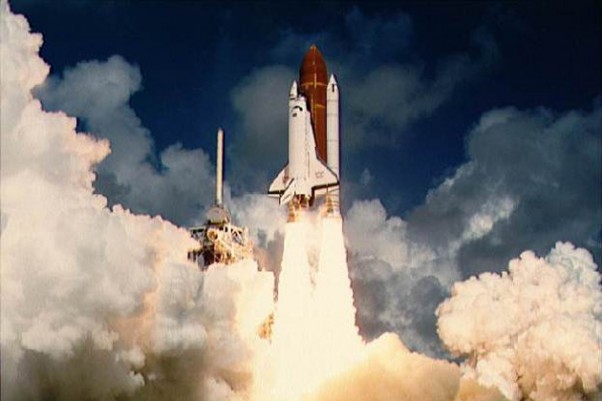 Space Shuttle Atlantis leaves the launch pad for the first time in 1985. (Photo by NASA)