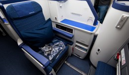 Business class seat aboard an ANA Boeing 787 Dreamliner after arriving in Seattle. (Photo by David Lilienthal/NYCAviaton)