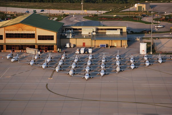 43 Eclipse 550 Jets together on the tarmac at Branson Airport for the Eclipse Owners Club Fall Fly-In. (Photo by Branson Airport)