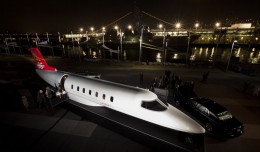 Learjet 85 mockup parked next to the USS Intrepid. (Photo by Jason Tinacci)