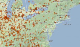 A jarring screenshot of US air traffic on Monday morning, with virtually none in the northeast. (Map/data by Planefinder.net)