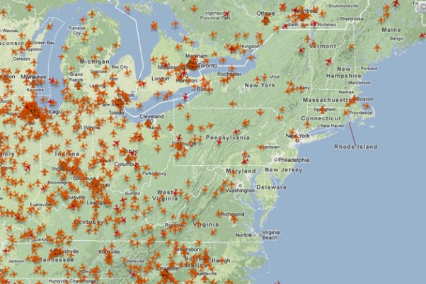 A jarring screenshot of US air traffic on Monday morning, with virtually none in the northeast. (Map/data by Planefinder.net)