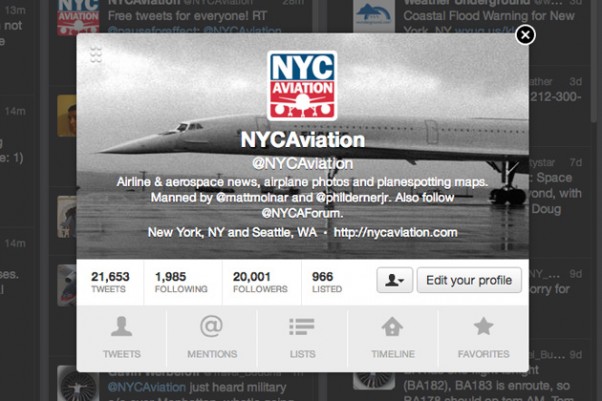 @NYCAviation reached 20,000 followers on Saturday, November 10, 2012.