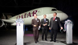 The first Qatar Airways Boeing 787 Dreamliner poses behind Boeing Commercial Airplanes CEO Ray Conner, Qatar Airways CEO Akbar Al Baker and Qatari Ambassador to the United States His Excellency Mohamed Bin Abdulla Al-Rumaihi. (Photo by Liem Bahneman/NYCAviation)