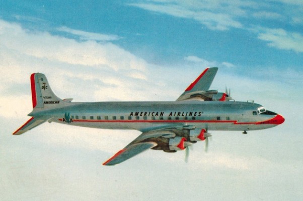 Vintage postcard featuring an American Airlines Douglas DC-7.