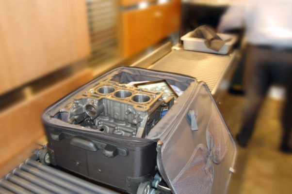 Ford Ecoboost 1.0L 3-cylinder engine block in a carry-on. (Photo by Ford)