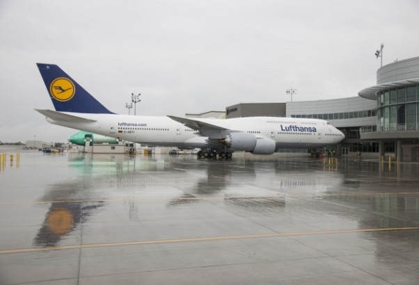 Lufthansa D-ABYI 747-8I at Everett Delivery Center. Credit: Boeing