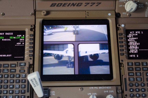 On board cameras on a Boeing 777-300ER displayed on the flight deck