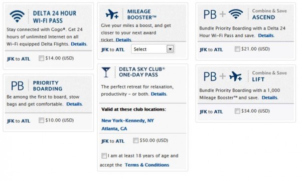 The usual selection of extras on the Delta.com booking page