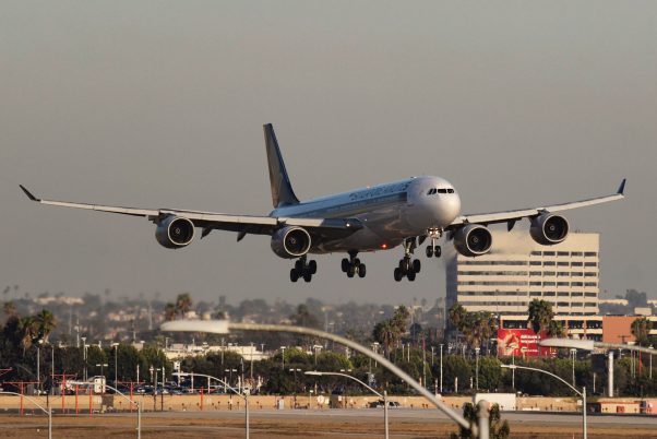 Singapore Airlines A340500 landing at LAX during the evening.